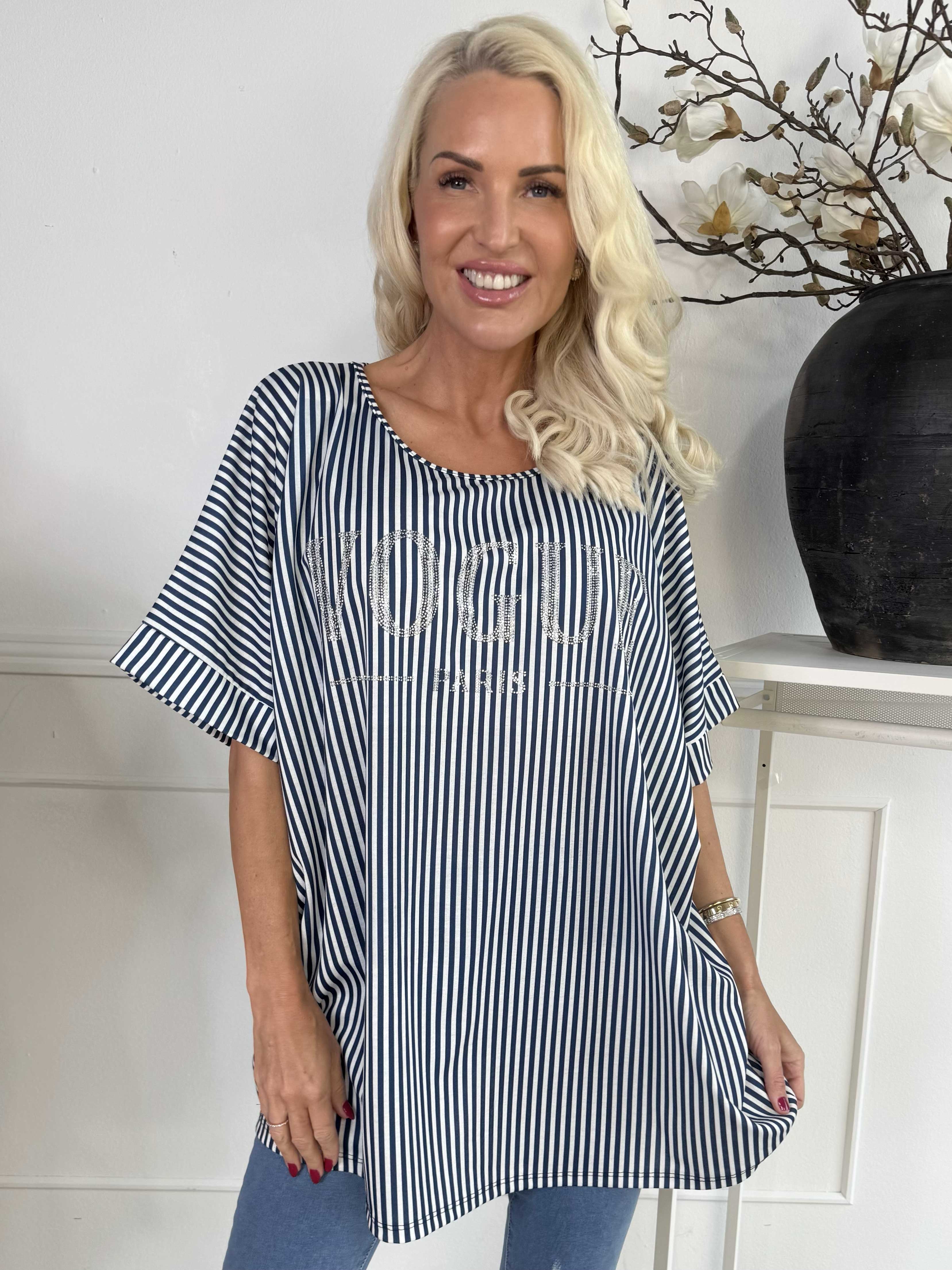 Mintu Stripe - Stribet t-shirt med vogue stående med glittrende similisten